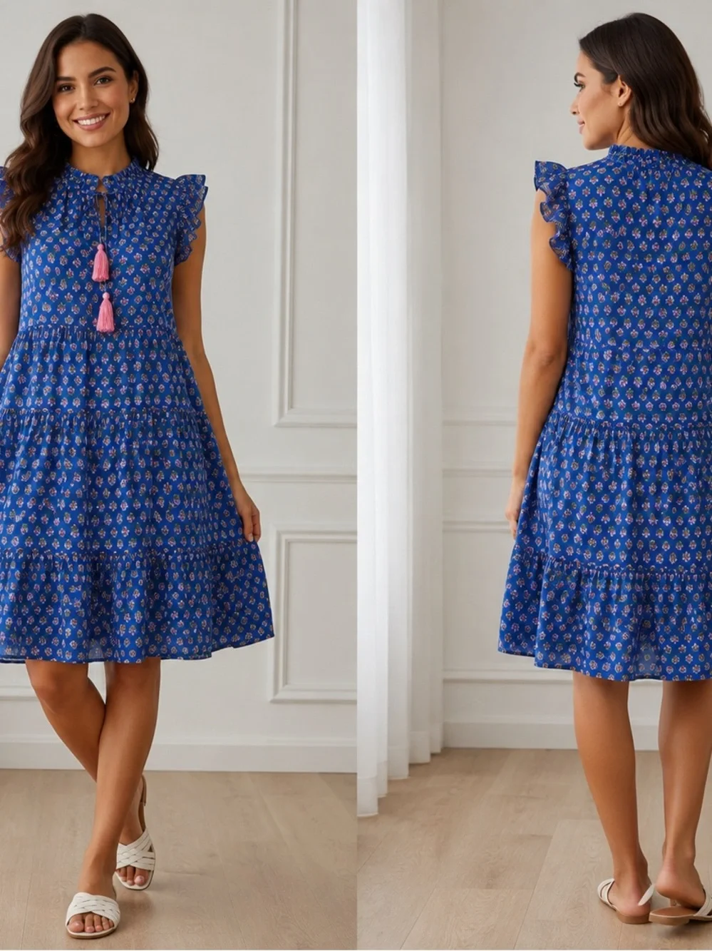 J. Crew Blue Floral Tiered Tie-Neck Mini Dress